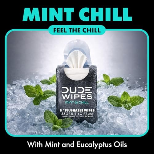 DUDE Wipes Mint Chill Pocket Packs - Travel Wipes - 6 Packs of 8 (48 Count) - On-The-Go Adult Flushable Wipes - Infused with Tea Tree Oil, Vitamin E, and Aloe - Septic and Sewer Safe - Image 3
