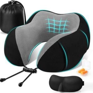 CloudBliss Travel Pillow for Airplane, Memory Foam Neck Pillow for Travel, Compact Flight Pillow with Eye Mask, Earplugs, Carry Bag, Travel Neck Pillow for Long Flight Sleep, Plane Accessories, Black
