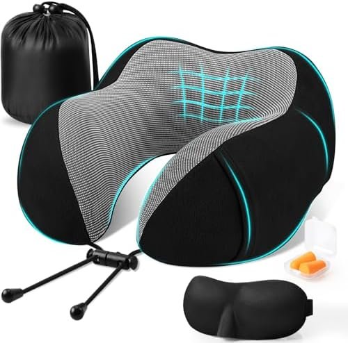 CloudBliss Travel Pillow for Airplane, Memory Foam Neck Pillow for Travel, Compact Flight Pillow with Eye Mask, Earplugs, Carry Bag, Travel Neck Pillow for Long Flight Sleep, Plane Accessories, Black