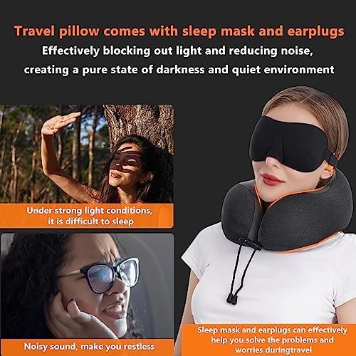 MLVOC Neck Pillow for Traveling, Upgraded 100% Pure Memory Foam Travel Neck Pillow for Airplane Flight Sleep, Breathable & Machine Washable Cover, Travel Kit with 3D Eye Mask, Earplugs & Bag, Black - Image 3
