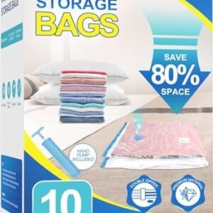 Fygrip Vacuum Storage Bags with Hand Pump, Plastic Packaging Bags, 80% Space Saver Vacuum Seal Bags for Clothing, Travel Lugggage, Blankets, Comforters, 10 Large