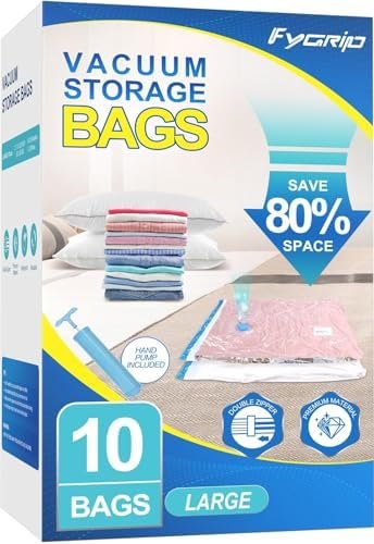 Fygrip Vacuum Storage Bags with Hand Pump, Plastic Packaging Bags, 80% Space Saver Vacuum Seal Bags for Clothing, Travel Lugggage, Blankets, Comforters, 10 Large