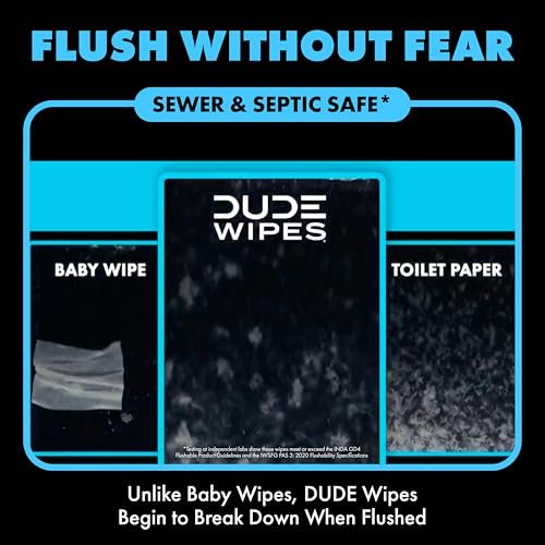 DUDE Wipes Unscented Travel Wipes - 1 pack (18 Count) - Extra-Large Adult Flushable Wipes for Sensitive Skin - Infused with Vitamin E and Aloe - Septic and Sewer Safe - Image 5