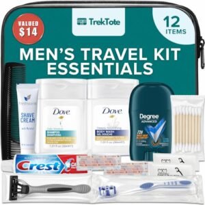 TrekTote 12-Piece Men’s Travel Toiletry Kit – Premium Brand-Name Shampoo, Conditioner, Body Wash, Shaving Cream & Deodorant, TSA Approved Travel Size Set with Clear Bag