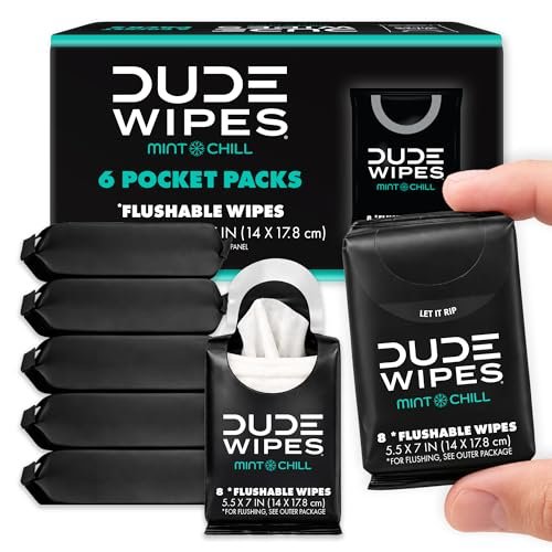 DUDE Wipes Mint Chill Pocket Packs - Travel Wipes - 6 Packs of 8 (48 Count) - On-The-Go Adult Flushable Wipes - Infused with Tea Tree Oil, Vitamin E, and Aloe - Septic and Sewer Safe