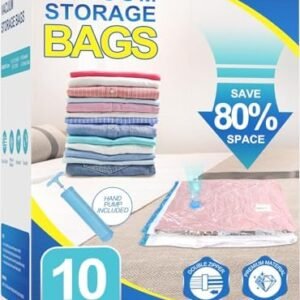 Fygrip Vacuum Storage Bags with Hand Pump, Plastic Packaging Bags, 80% Space Saver Vacuum Seal Bags for Clothing, Travel Lugggage, Blankets, Comforters, 10 Medium