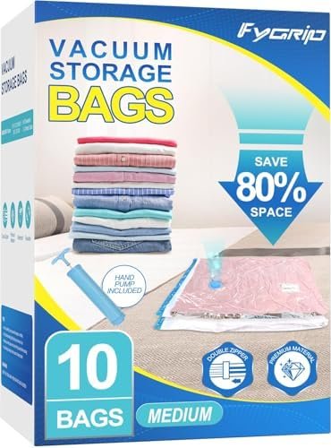 Fygrip Vacuum Storage Bags with Hand Pump, Plastic Packaging Bags, 80% Space Saver Vacuum Seal Bags for Clothing, Travel Lugggage, Blankets, Comforters, 10 Medium