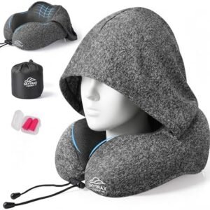 SkytraxComf® Travel Neck Pillow with Hood for Privacy on Long Flights | Memory Foam | Airplane Sleep | Safety-Tested Materials | Extra Large Hood | Chin Support | Earplugs | Washable Cover