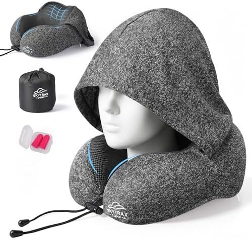 SkytraxComf® Travel Neck Pillow with Hood for Privacy on Long Flights | Memory Foam | Airplane Sleep | Safety-Tested Materials | Extra Large Hood | Chin Support | Earplugs | Washable Cover