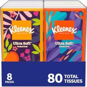 Kleenex On-The-Go Facial Tissues, 8 On-The-Go Packs, 10 Tissues per Box, 3-Ply (80 Total), Packaging May Vary