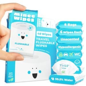 Impossibly Compact Travel Flushable Wipes - 99.5% Water and Aloe - Safe for Sensitive Skin & Hypoallergenic - Travel Essentials for Adults & Kids, Unscented, 8 Pack 48 Wipes