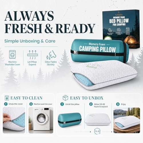 Vaverto Small Memory Foam Bed Pillow for Camping - Compressible Medium Firm, Breathable Cover, Machine Washable, Ideal Backpacking - Image 7
