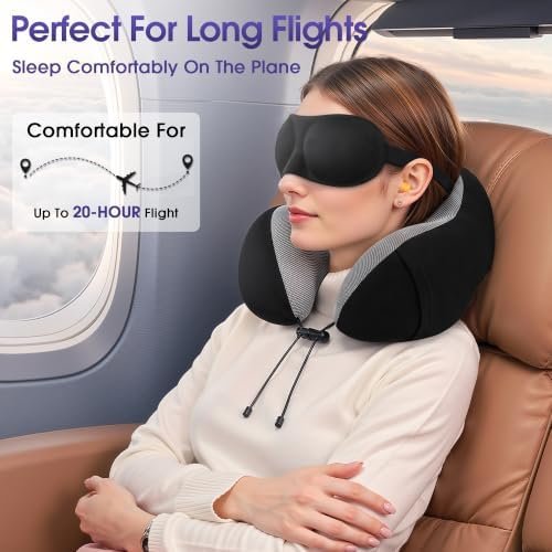 CloudBliss Travel Pillow for Airplane, Memory Foam Neck Pillow for Travel, Compact Flight Pillow with Eye Mask, Earplugs, Carry Bag, Travel Neck Pillow for Long Flight Sleep, Plane Accessories, Black - Image 4