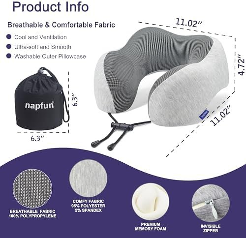 napfun Neck Pillow for Traveling, Upgraded Travel Neck Pillow for Airplane 100% Pure Memory Foam Travel Pillow for Flight Headrest Sleep, Portable Plane Accessories, Light Grey - Image 3