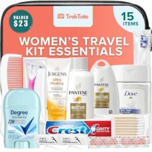 15-Piece Women’s Travel Toiletry Kit – Premium Brand-Name Shampoo, Conditioner, Body Wash, Deodorant & Toothpaste, TSA Approved Travel Size Set with Clear Bag