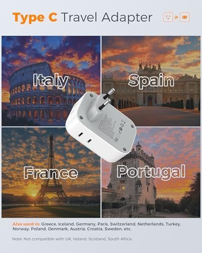 TESSAN 2 Pack European Travel Plug Adapter, Europe Power Converter 4 Outlets 3 USB(1 USB C PD 20W), Type C International Adaptor to Italy Spain France Portugal Iceland Germany, EU Travel Essentials - Image 2