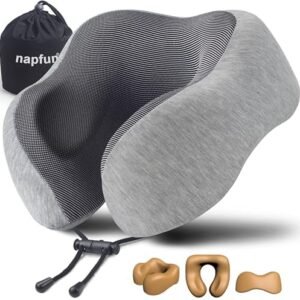 napfun Neck Pillow for Traveling, Upgraded Travel Neck Pillow for Airplane 100% Pure Memory Foam Travel Pillow for Flight Headrest Sleep, Portable Plane Accessories, Light Grey