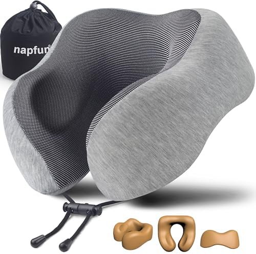 napfun Neck Pillow for Traveling, Upgraded Travel Neck Pillow for Airplane 100% Pure Memory Foam Travel Pillow for Flight Headrest Sleep, Portable Plane Accessories, Light Grey