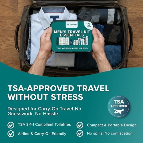TrekTote 12-Piece Men’s Travel Toiletry Kit – Premium Brand-Name Shampoo, Conditioner, Body Wash, Shaving Cream & Deodorant, TSA Approved Travel Size Set with Clear Bag - Image 5