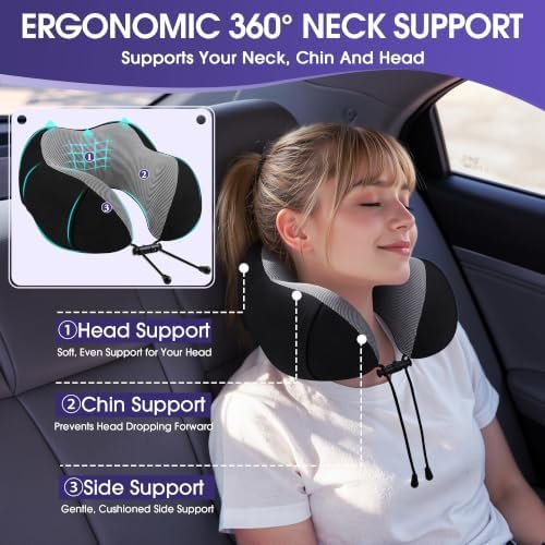 CloudBliss Travel Pillow for Airplane, Memory Foam Neck Pillow for Travel, Compact Flight Pillow with Eye Mask, Earplugs, Carry Bag, Travel Neck Pillow for Long Flight Sleep, Plane Accessories, Black - Image 2