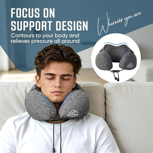 SkytraxComf® Travel Neck Pillow with Hood for Privacy on Long Flights | Memory Foam | Airplane Sleep | Safety-Tested Materials | Extra Large Hood | Chin Support | Earplugs | Washable Cover - Image 5