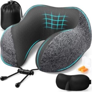 ExploreBliss Travel Pillow, Travel Pillows for Sleeping Airplane, Neck Pillow Airplane, Memory Foam Neck Pillow Set with Eye Mask, Earplugs and Storage Bag -Grey