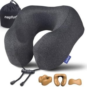napfun Neck Pillow for Traveling, Upgraded Travel Neck Pillow for Airplane 100% Pure Memory Foam Travel Pillow for Flight Headrest Sleep, Portable Plane Accessories, Full Black