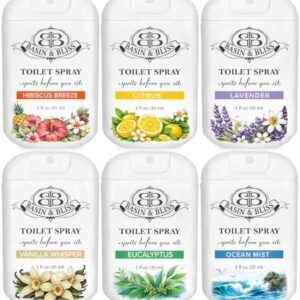 Basin & Bliss Travel Toilet Spray Poo Odor Eliminator (6 Pack) "Spritz Before You Sit" Pocket Purse Mini Size Bathroom Air Freshener, Cruise Essentials | Variety Scent Pack (1 fl oz)