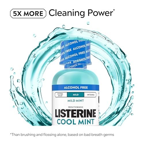 Listerine Cool Mint Alcohol-Free Mild Mouthwash, Oral Rinse Kills 99.9% of Germs that Cause Bad Breath, Less Intense Taste, Mild Mint Flavor, 3.2 fl. oz - Image 4