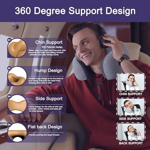 napfun Neck Pillow for Traveling, Upgraded Travel Neck Pillow for Airplane 100% Pure Memory Foam Travel Pillow for Flight Headrest Sleep, Portable Plane Accessories, Light Grey - Image 2