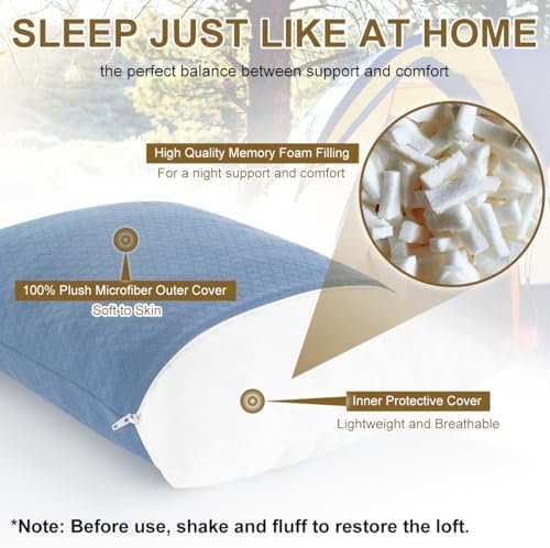 Ivellow Memory Foam Travel Pillow Compressible Camping Pillow for Sleeping Shredded Memory Foam Pillow Compact Firm Supportive Travel Pillow for Adults Kids Outdoor Hiking Essential Gear Blue-M - Image 3