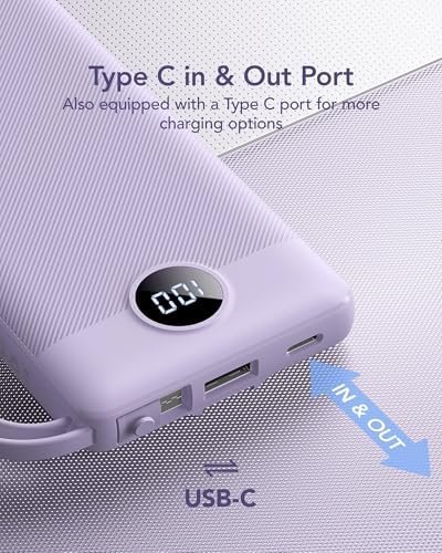 VRURC Portable Charger Power Bank, USB C Battery Pack 10000mAh, Flight-Safe Travel Essentials, 5 Outputs 2 Inputs Slim Phone Charging Bank Built-in Cables for Multi Devices-Lavender(1 Pack) - Image 7